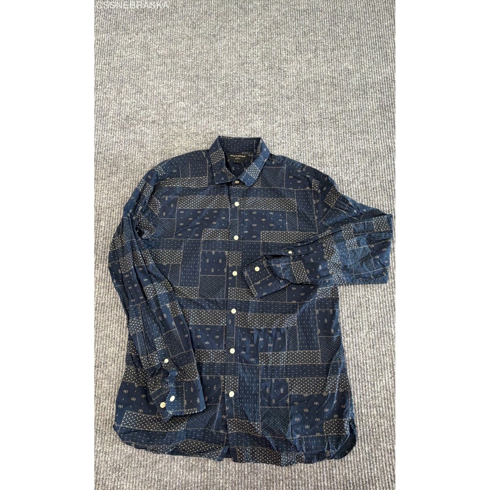 Banana Republic Men's Indigo Slim Fit Patchwork Print Dobby Cotton Shirt Sz L